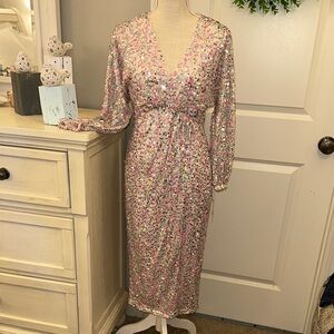 Donna Morgan Pink/Silver Size 4 Sequin V-Neck Dress NWT Prom Cocktail